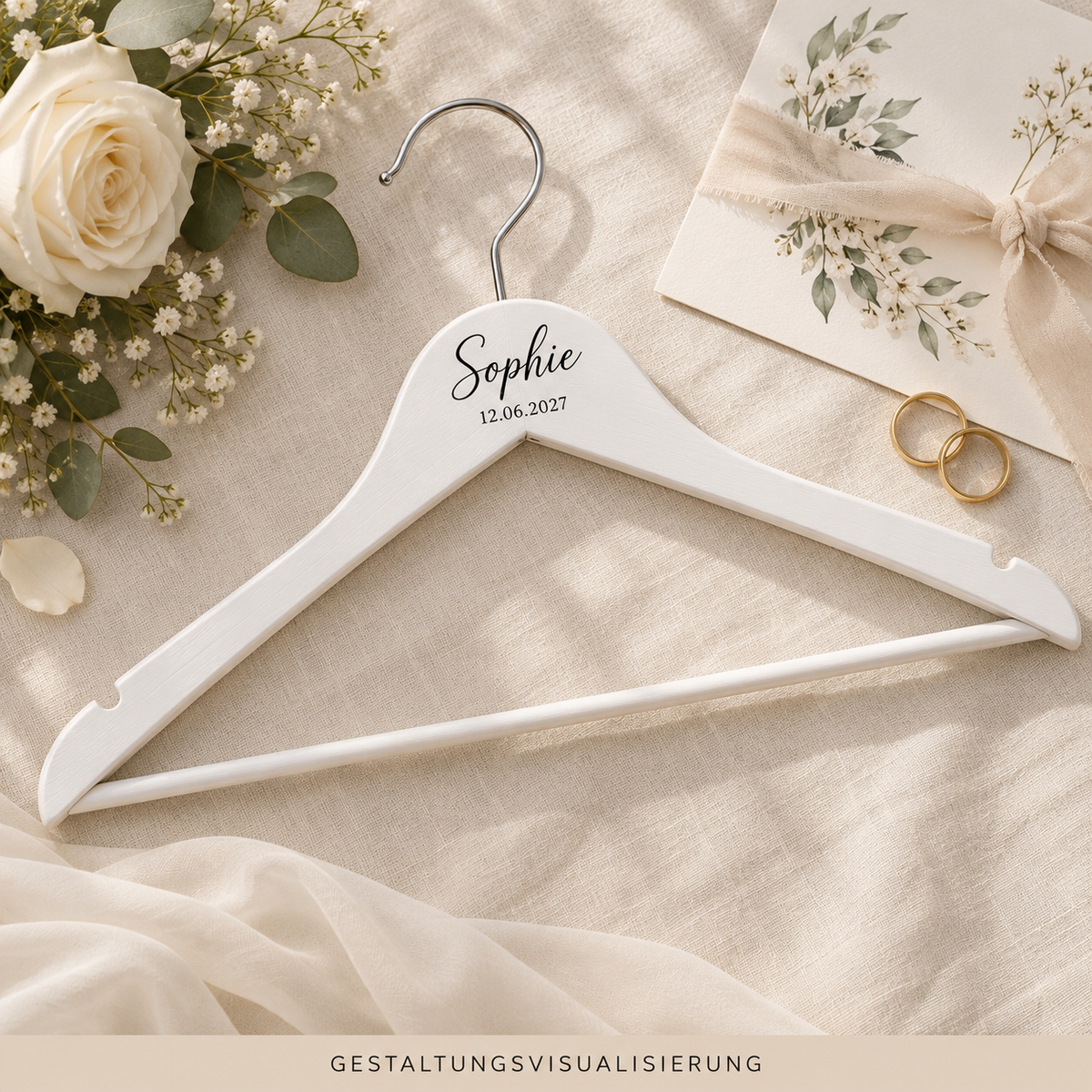 Gestaltungsvisualisierung eines weißen personalisierten Hochzeits-Kleiderbügels als Flatlay mit Blumen, Ringen und Einladung.