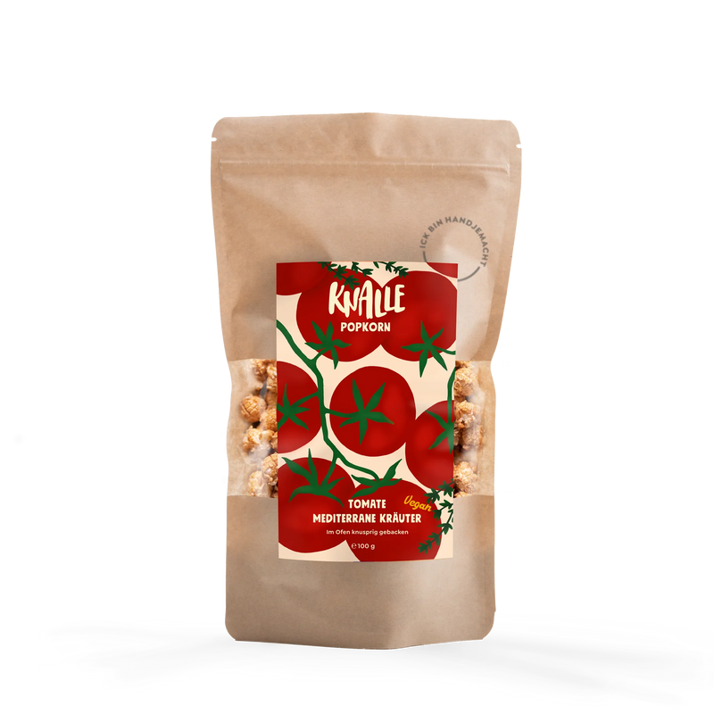 Knalle Popcorn Tomate Mediterrane Kräuter vegan im 100-g-Beutel.