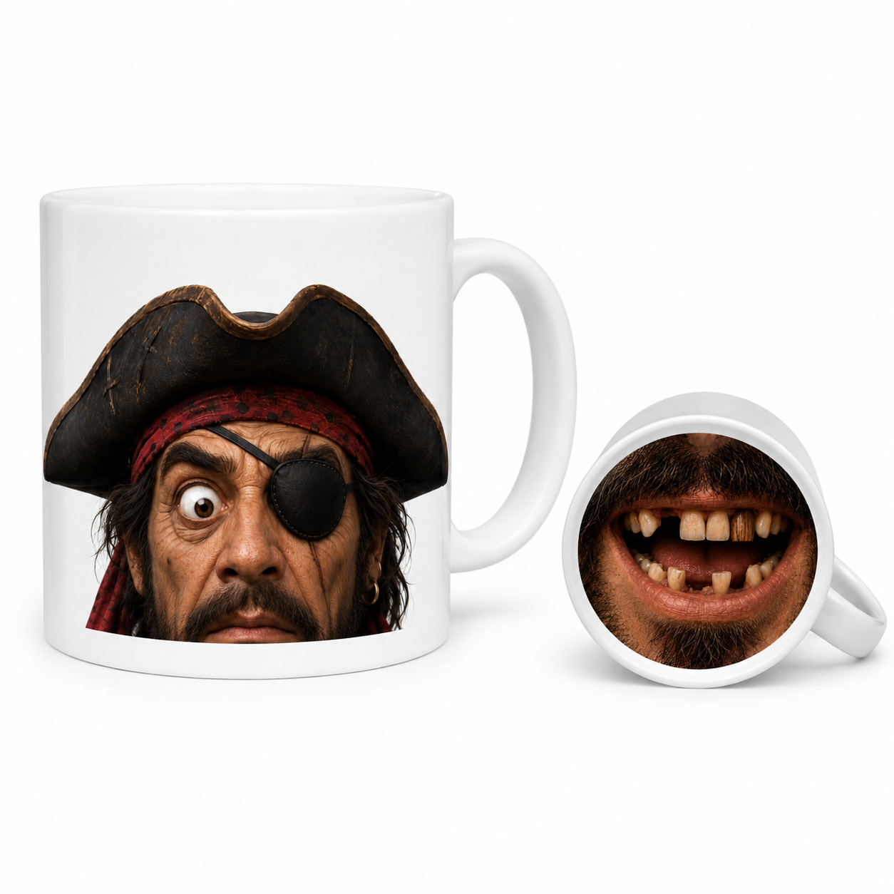 Produktbild einer weißen Keramiktasse mit lustigem Piratengesicht. Die Vorderseite zeigt den oberen Teil des Gesichts, während auf der Unterseite der Tasse der grinsende Piratenmund zu sehen ist. Humorvolle Fototasse mit Trinkeffekt.