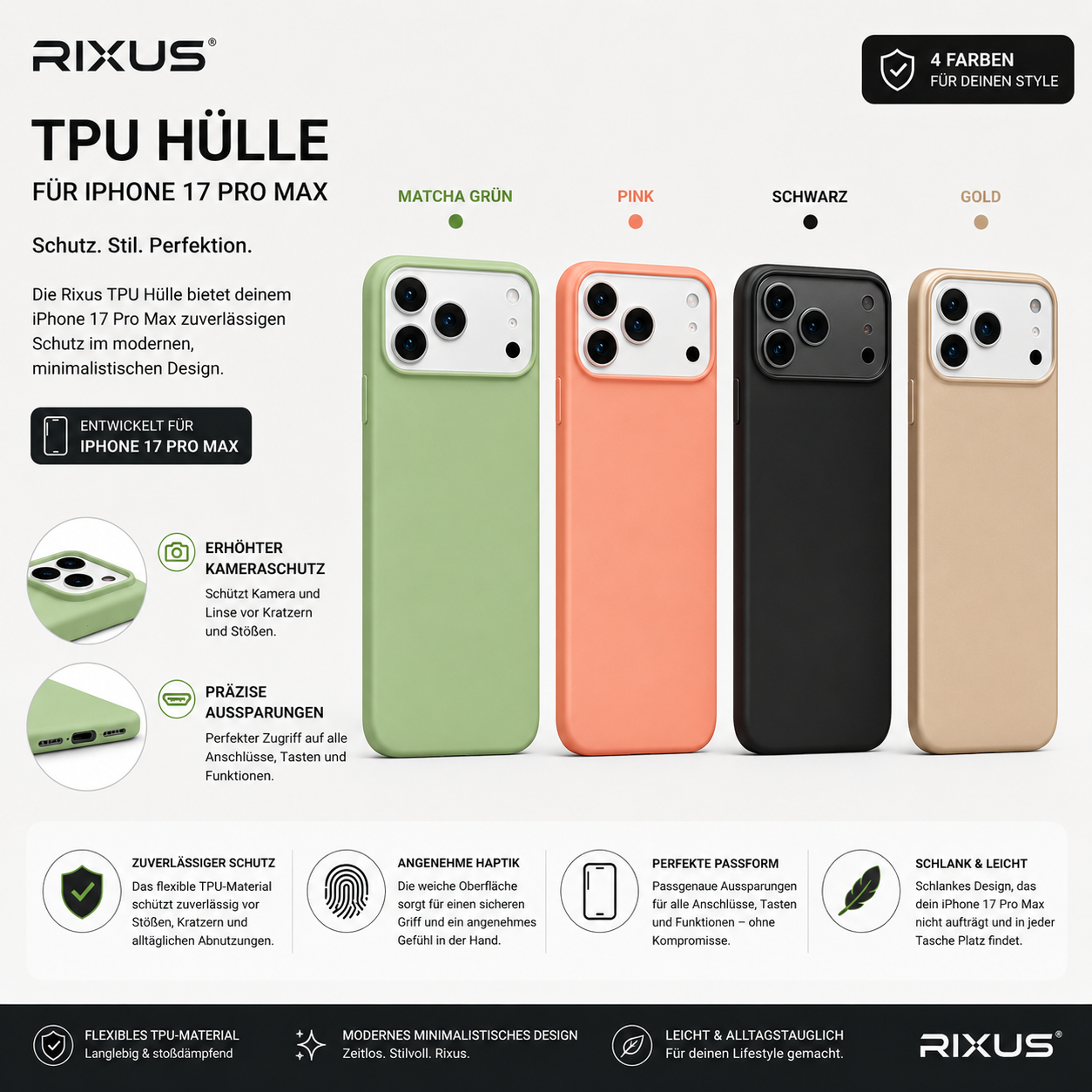 Rixus TPU Handyhülle für Apple iPhone 17 Pro Max in Matcha Grün, Pink, Schwarz und Gold mit erhöhtem Kameraschutz, präzisen Aussparungen, schlankem Design und stoßdämpfendem TPU-Material im Produktvergleich.
