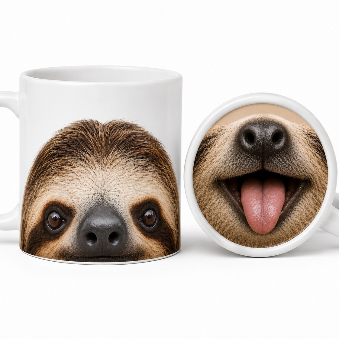 Weiße Keramiktasse mit Faultiergesicht und passendem Zungenmotiv als zweiteiliges Tierdesign.