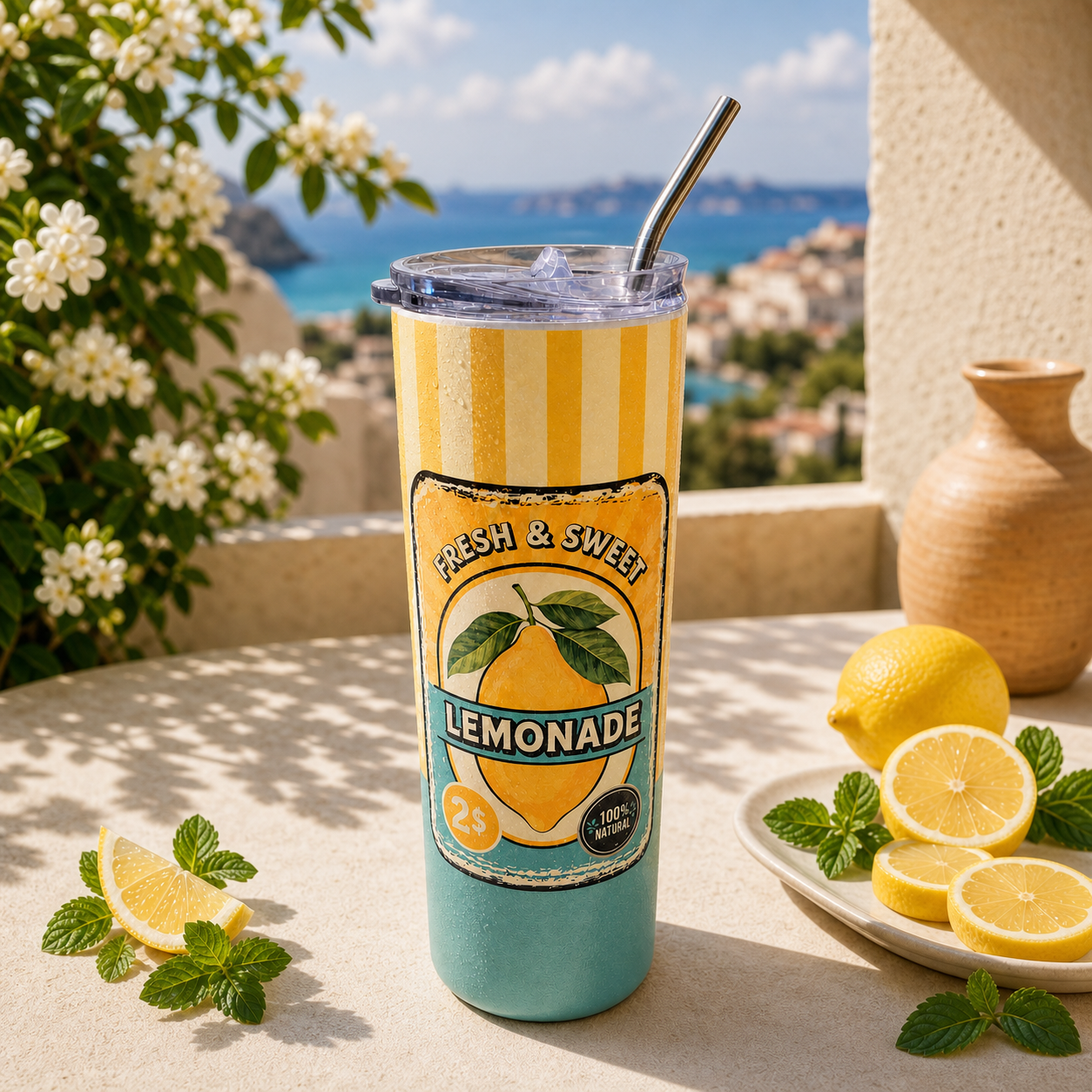 Gelb-türkiser 600-ml-Thermobecher im Lemonade-Design mit transparentem Schiebeverschluss und Edelstahlstrohhalm auf einem sommerlichen Tisch mit Zitronen und Minze.