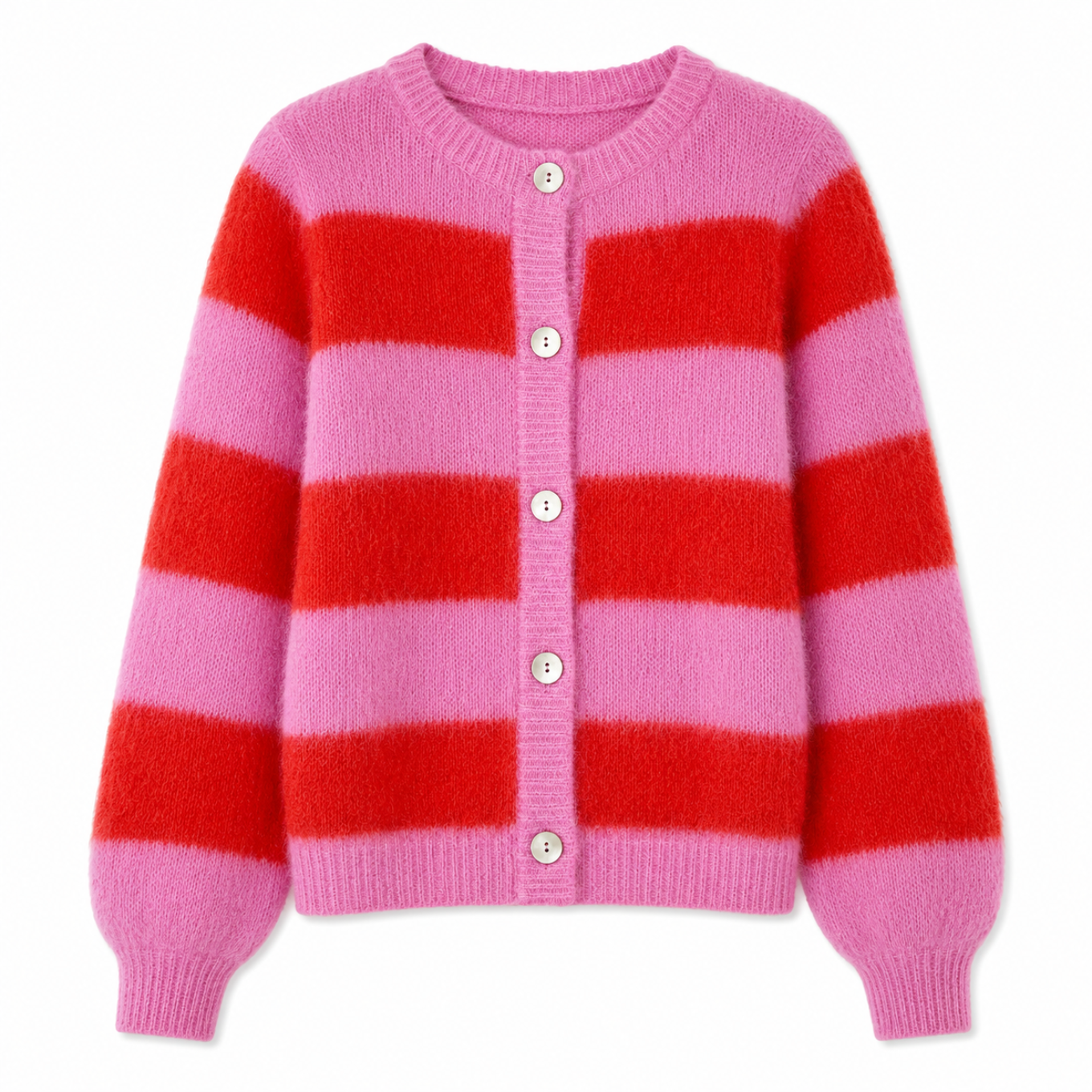 TWNS the Label TIMEA Cardigan Bubblegum Fire aus Kid-Mohair-Mix mit breiten Streifen und Knopfleiste