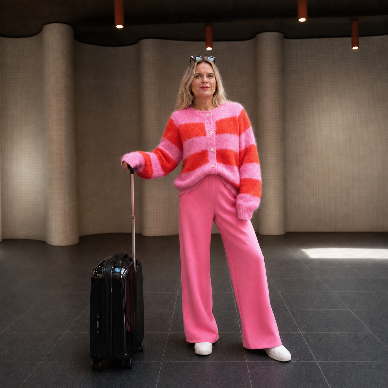 Jana lächelt sympathisch in die Kamera und trägt die pink-rot gestreifte Timea Strickjacke von TWNS the Label mit pinker Hose und schwarzem Rollkoffer.