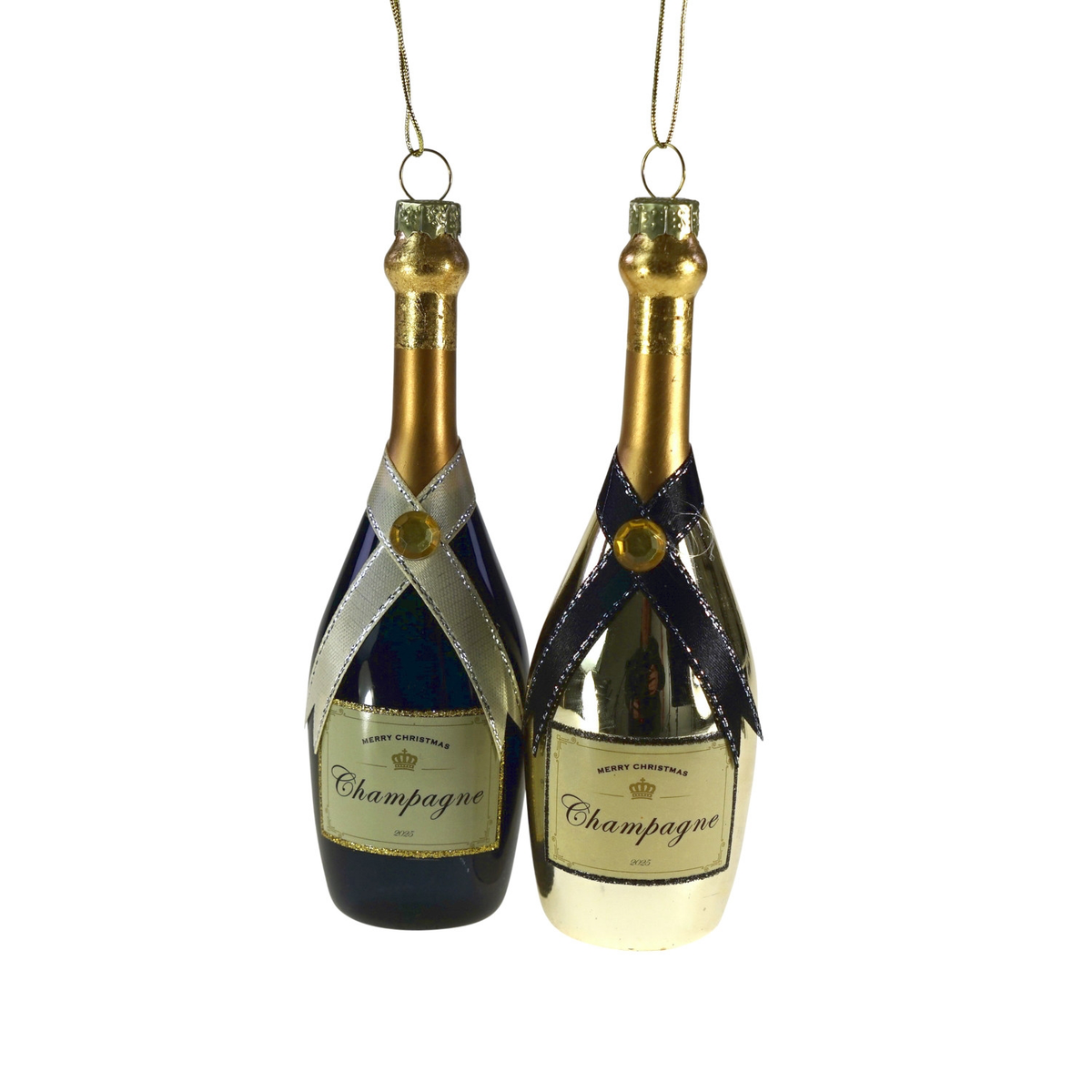 Champagnerflaschen als Christbaumanhänger aus Glas in Gold und Schwarz, 14 cm