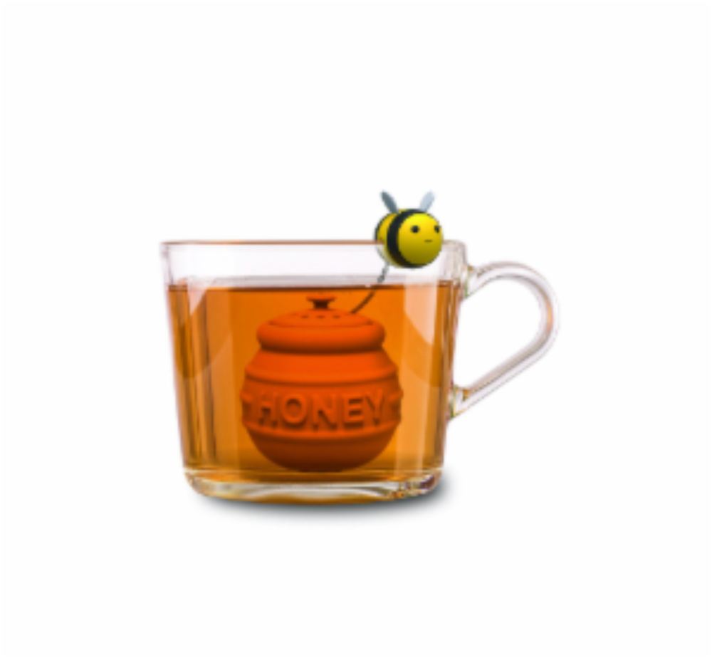 Winkee Tee-Ei in Form eines Honigtopfs mit Biene in einer Glastasse mit Tee