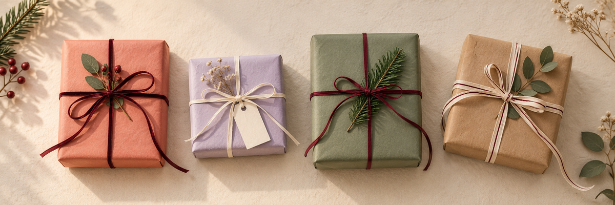 Vier kleine Wichtelgeschenke in korallfarbenem, fliederfarbenem, grünem und braunem Papier mit Schleifen