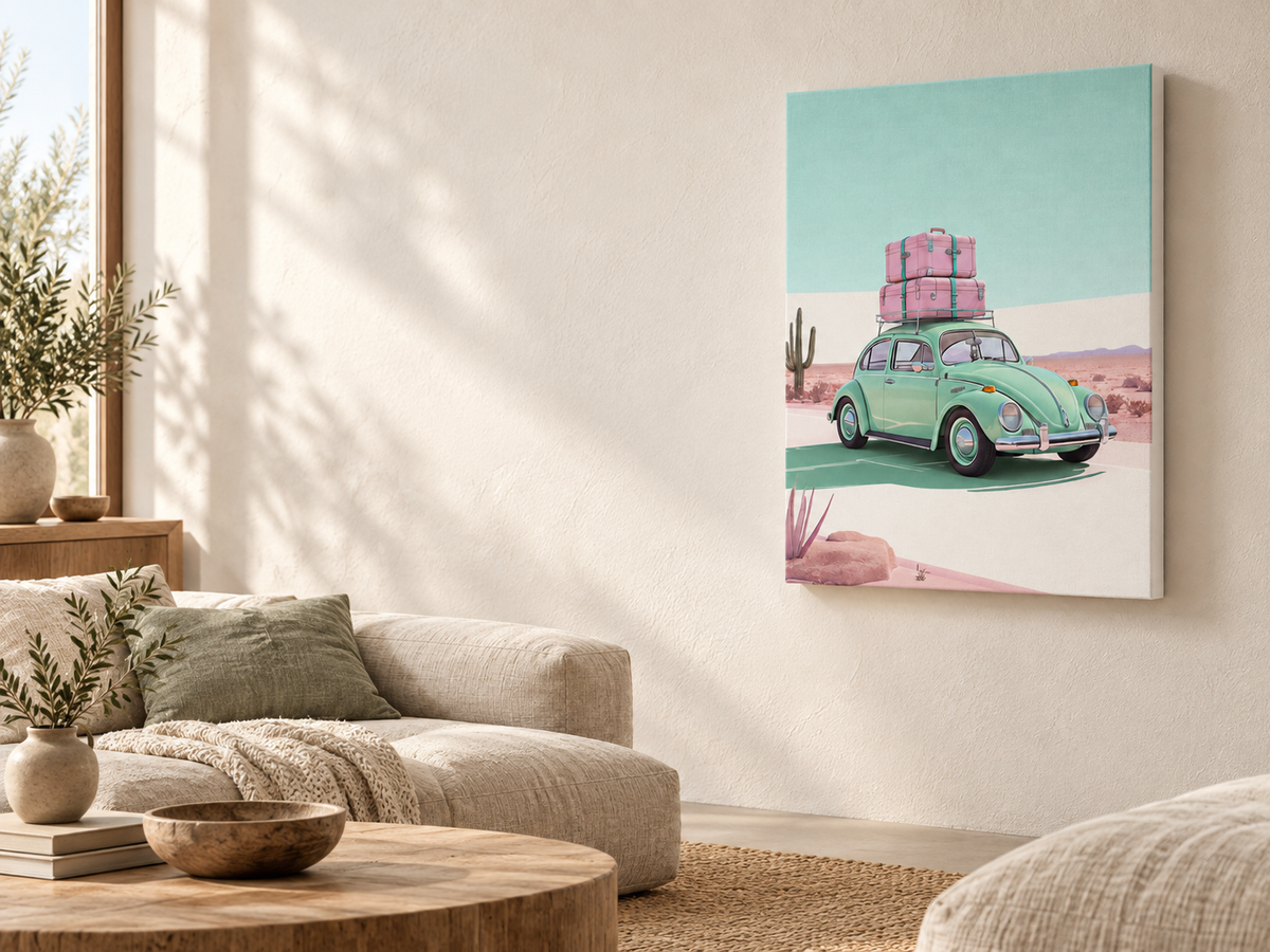 Hübsches Ding Leinwandbilder – Retro-Käfer-Leinwand mit weißer Kante im hellen Wohnraum