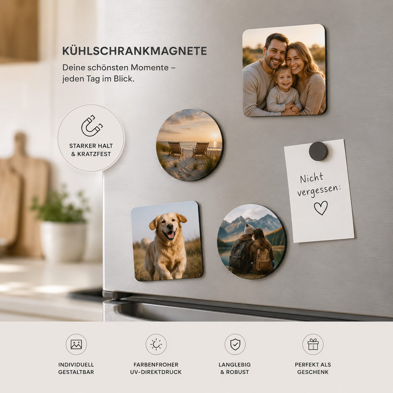 Personalisierte Kühlschrankmagnete mit eigenen Fotos – hochwertige Fotomagnete im UV-Druck für Erinnerungen, Haustiere und besondere Momente