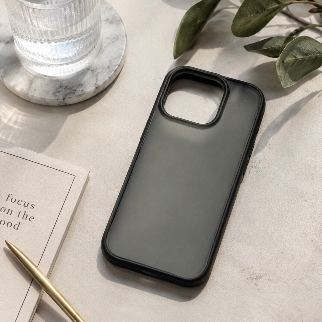 Schwarze Handyhülle mit matt-transparenter Rückseite in einem modernen Lifestyle-Setting mit natürlichem Licht, Glas Wasser, Notizbuch und Pflanzen – stilvoller Schutz für dein Smartphone.