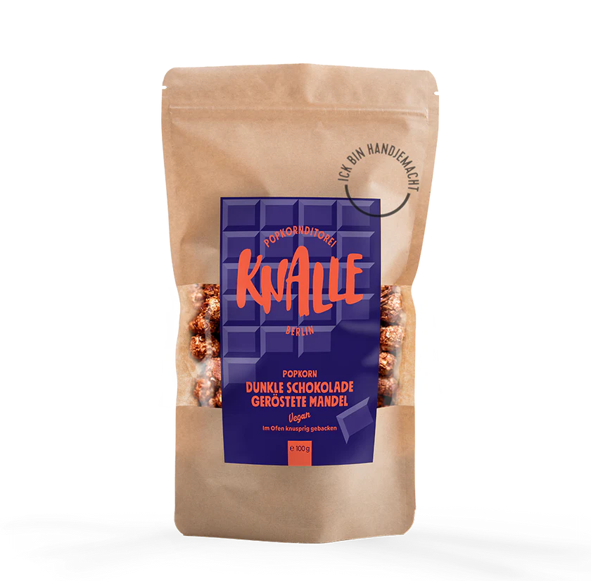 Knalle Popkorn Dunkle Schokolade geröstete Mandel, vegan