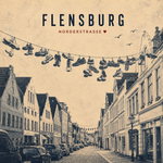 Bedruckte Fliese oder Untersetzer mit der Flensburger Norderstraße, den berühmten hängenden Schuhen und dem Schriftzug „Flensburg – Norderstraße“ im Vintage-Design.