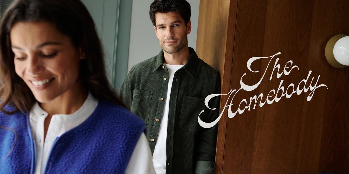 BILLYBELT The Homebody Kollektion mit Frau in blauer Weste und Mann in grüner Cordjacke