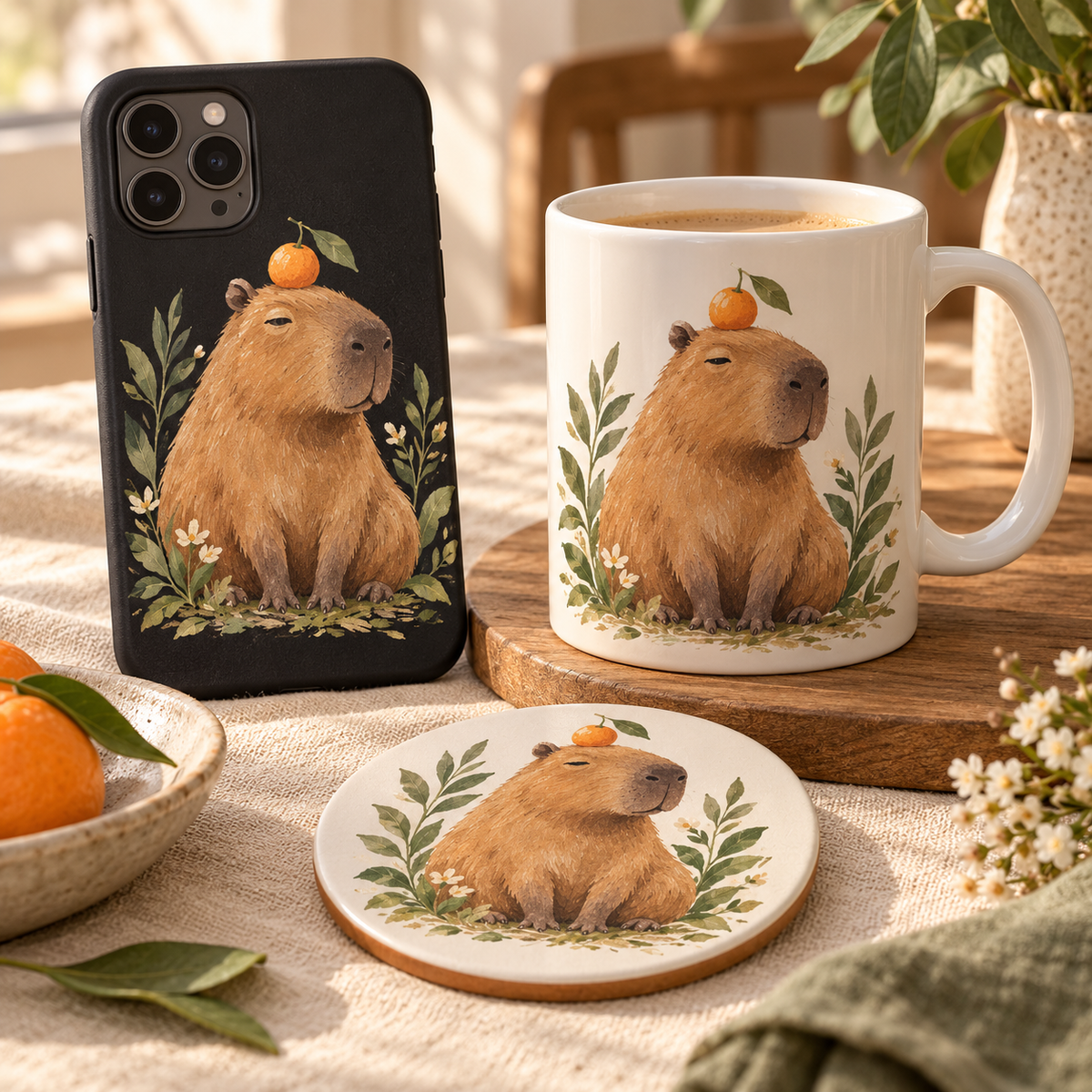 KI-Gestaltungsbeispiel: Handyhülle, Tasse und Untersetzer mit braunem Capybara und Orange auf dem Kopf