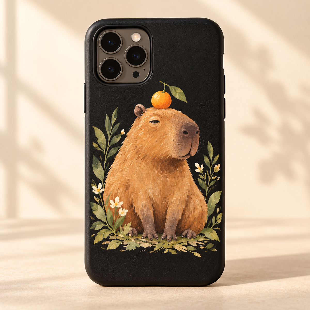 Gestaltungsbeispiel: Schwarze Handyhülle mit Capybara und Orange