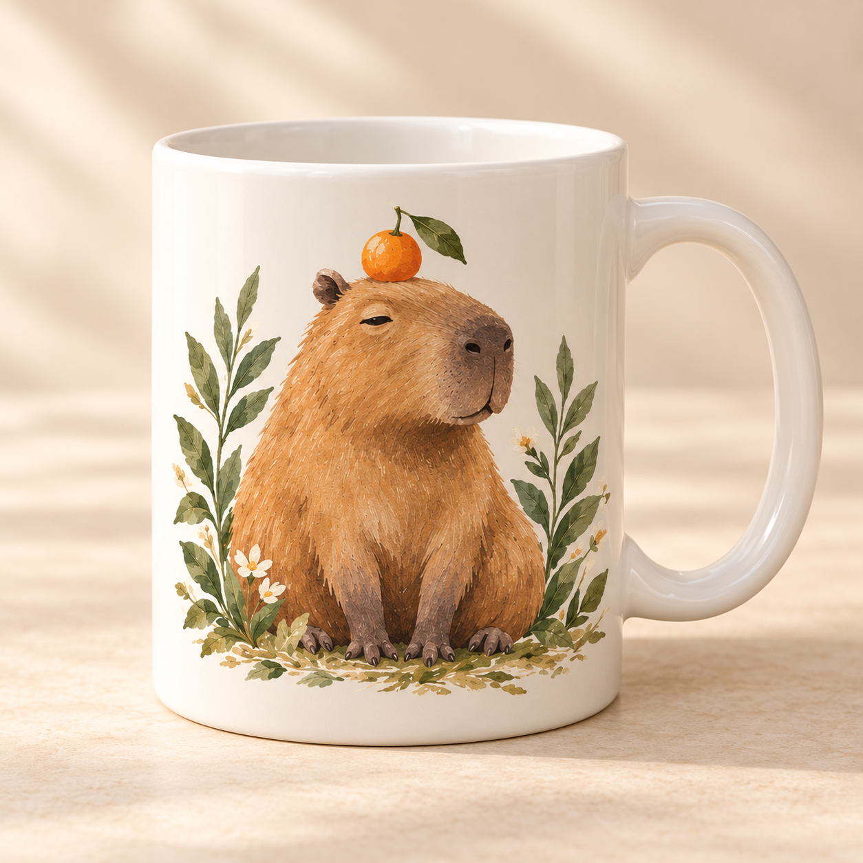 KI-Gestaltungsbeispiel: Weisse Tasse mit Capybara und Orange