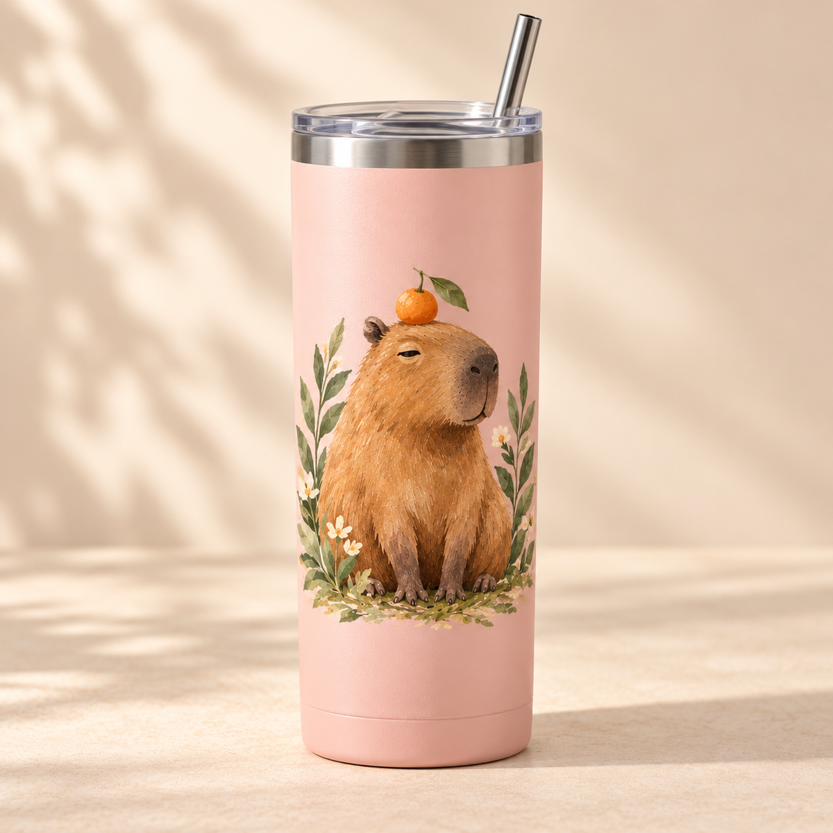 Gestaltungsbeispiel: Rosa Thermobecher mit Capybara und Orange