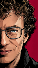 Comic-Stilbeispiel mit halbem Männergesicht, Locken, Brille und blauem Auge vor dunkelrotem Hintergrund