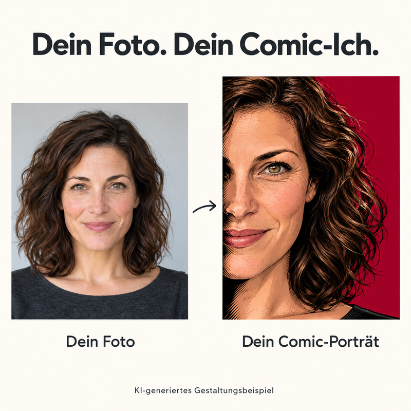 KI-generiertes Beispiel: aus dem Foto einer fiktiven Frau entsteht ihr Comic-Porträt
