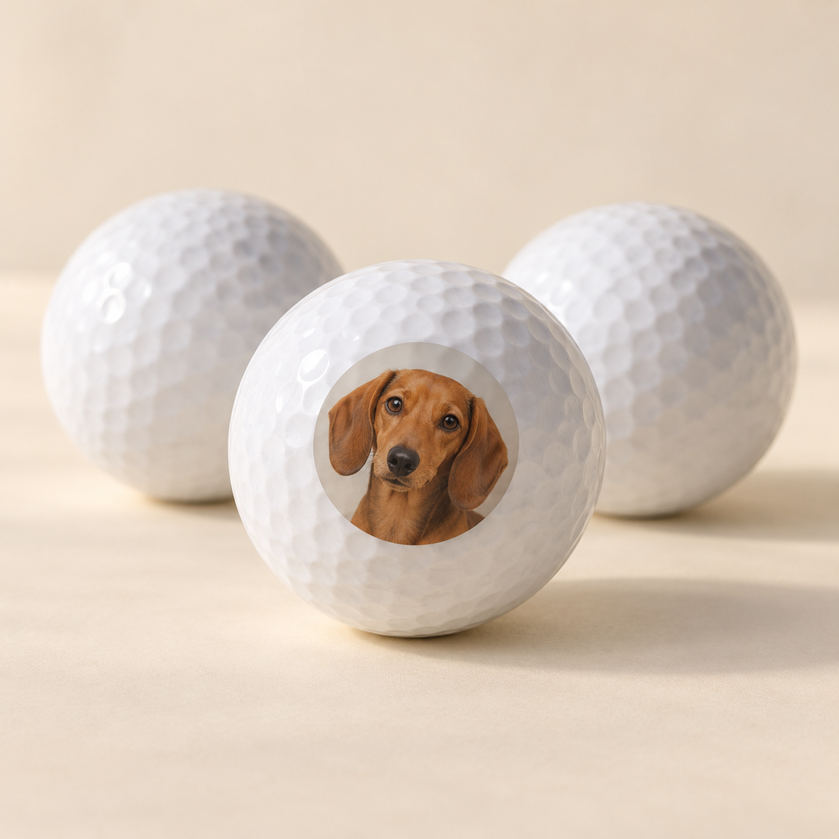 Gestaltungsbeispiel: Weisse Golfbälle mit braunem Dackelfoto