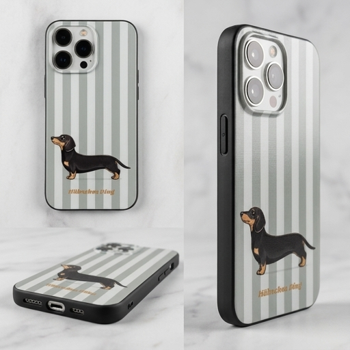 TPU Handyhülle mit schwarzem Dackel-Motiv auf salbeigrün-beigem Streifenmuster. Flexible Smartphone-Hülle mit schwarzen Seitenrändern für iPhone 14, iPhone 15 und iPhone 16. Bedruckte Dackel Handyhülle im modernen skandinavischen Design.