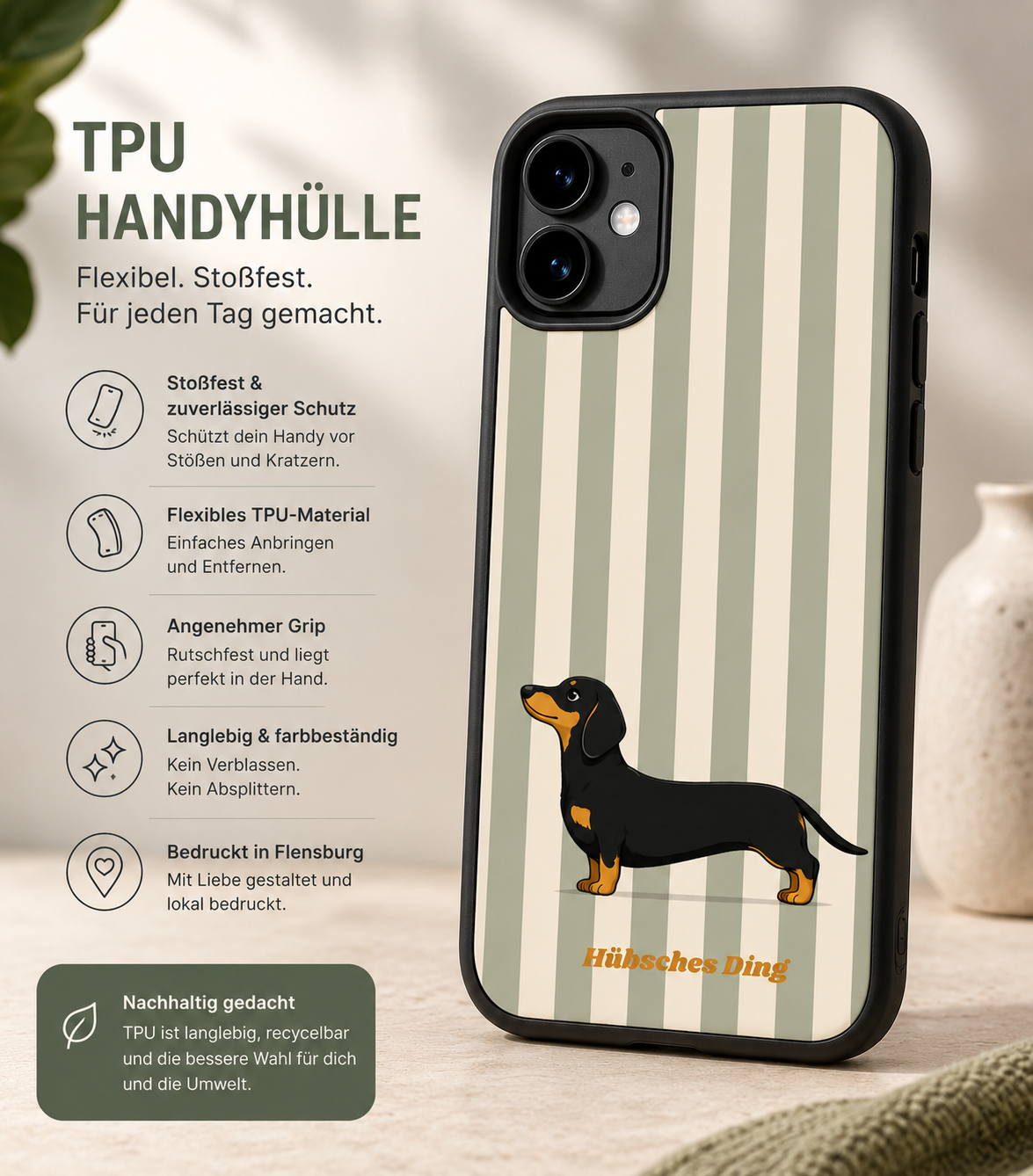 TPU Handyhülle mit salbeigrün-beigem Streifenmuster und schwarzem Dackel-Motiv. Flexible, stoßfeste Schutzhülle mit modernem Design für iPhone und Samsung Smartphones. Ideal als bedruckte Handyhülle mit Dackel und Streifenlook.