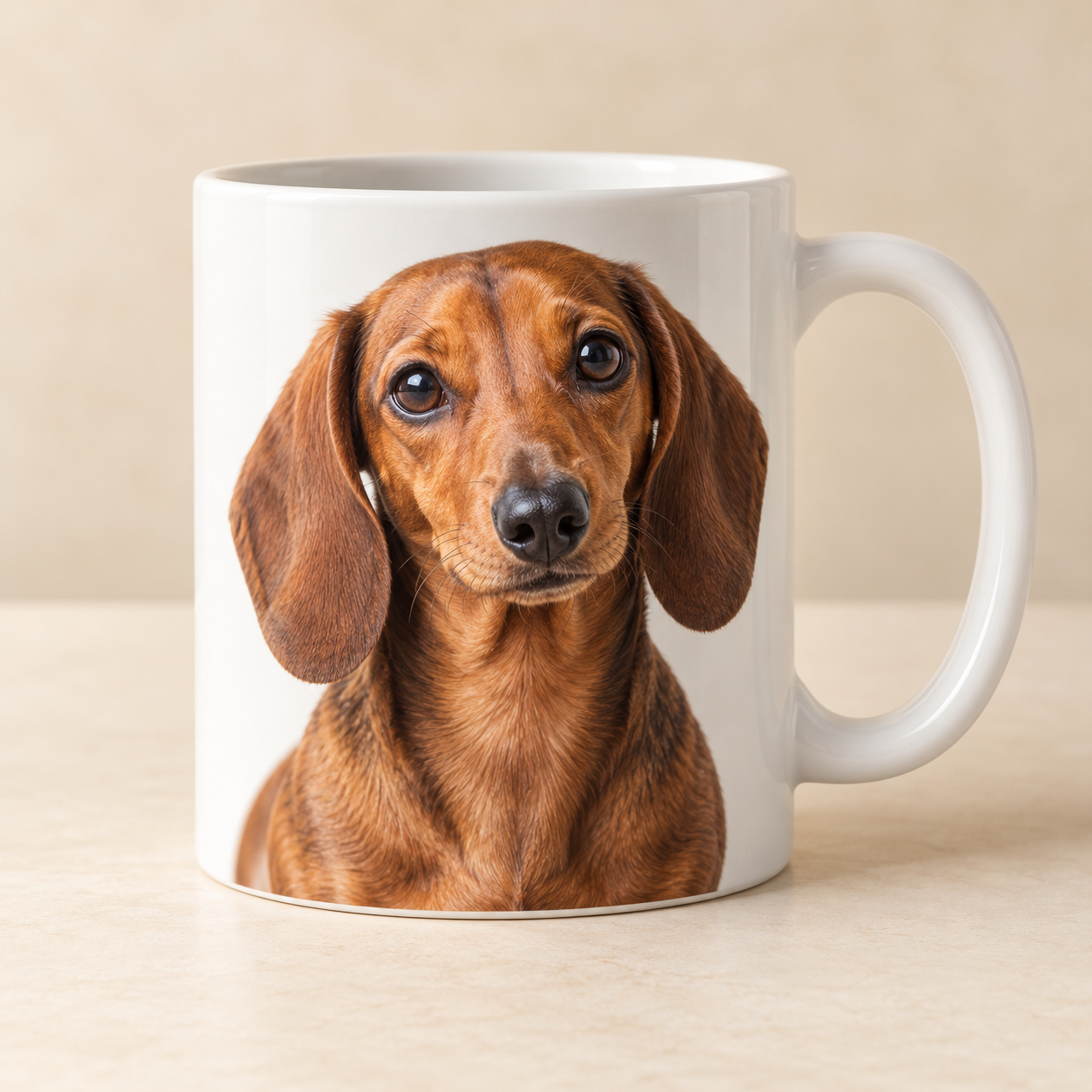 KI-Gestaltungsbeispiel: Weisse Keramiktasse mit braunem Dackelfoto