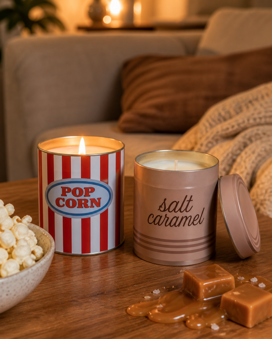 Fisura Duftkerzen Pop Corn und Salt Caramel im gemütlichen Wohnzimmer