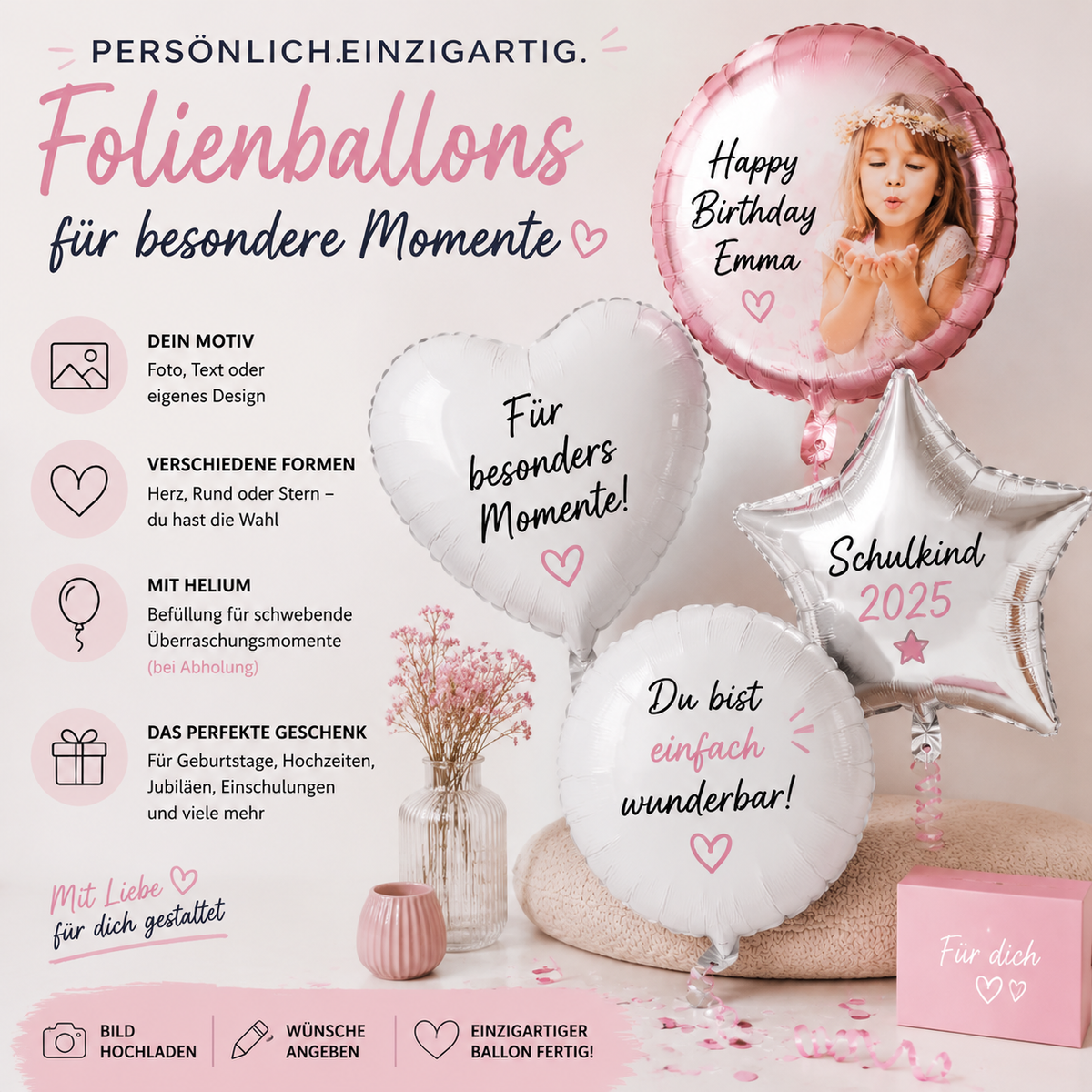 Personalisierte Folienballons mit Foto, Wunschtext und eigenen Motiven in Herz-, Rund- und Sternform als individuelle Geschenkidee für besondere Momente