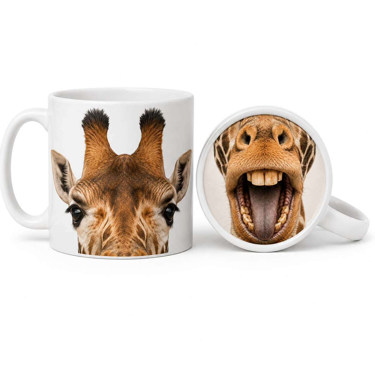 Lustige Giraffen-Tasse mit fotorealistischem Tiermotiv und Trinkeffekt.