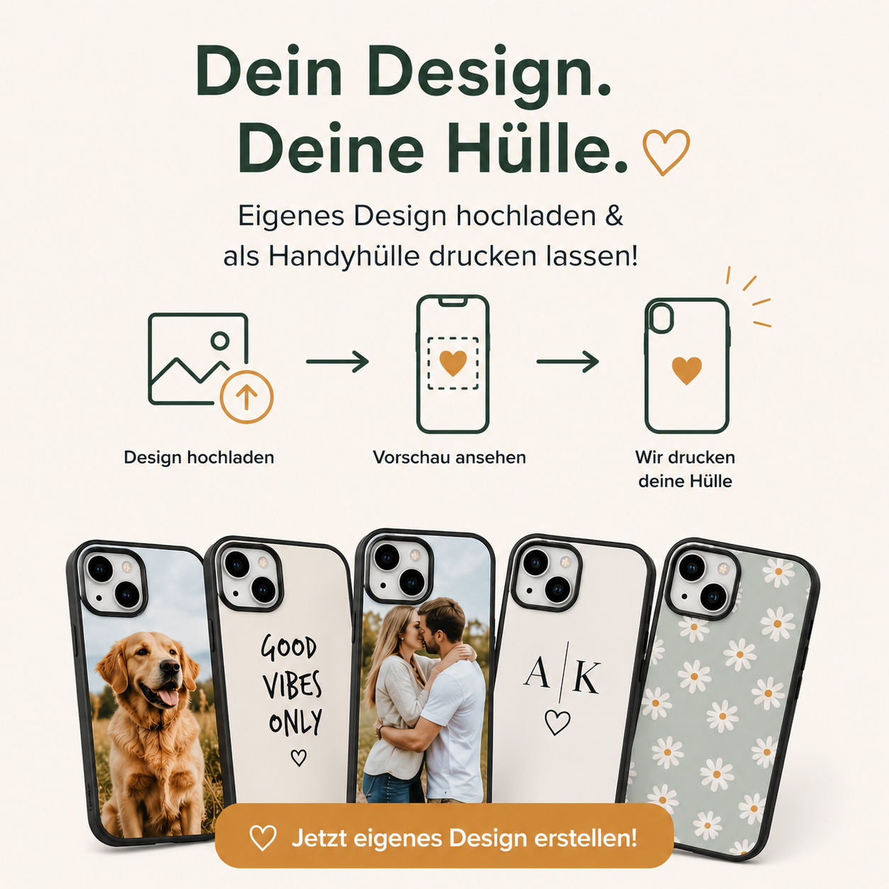 Personalisierte Handyhülle selbst gestalten und bedrucken lassen. Eigenes Foto, Haustierbild, Logo oder Wunschdesign hochladen und als individuelle TPU Handyhülle für iPhone drucken lassen. Übersicht verschiedener Designmöglichkeiten von Hübsches Ding.