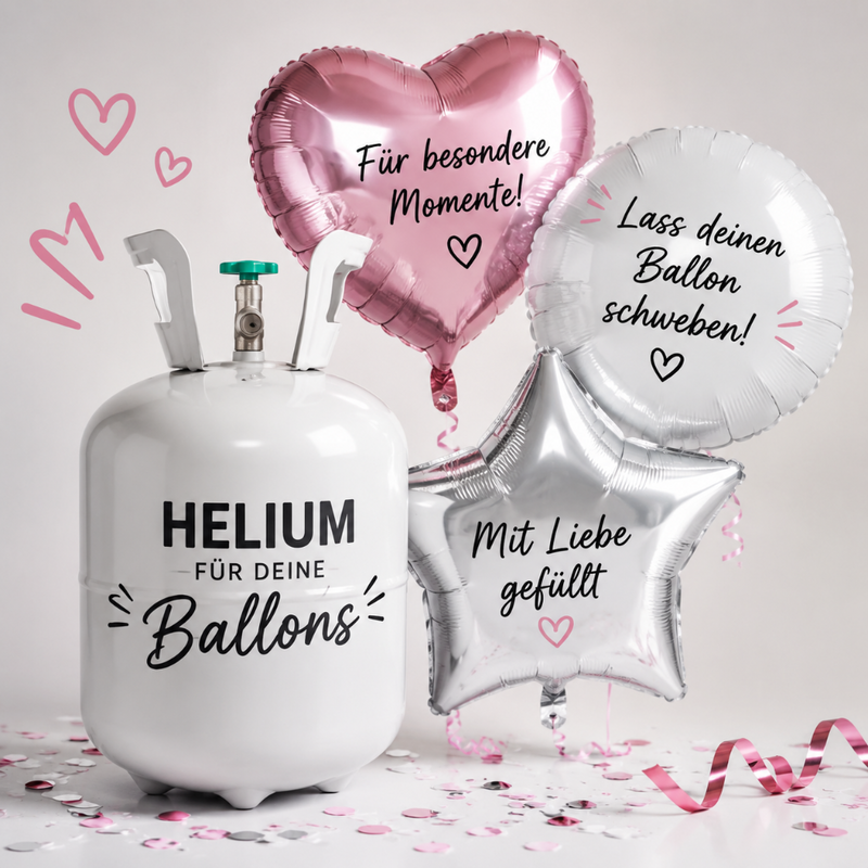 Heliumfüllung für personalisierte Folienballons mit schwebenden Herz-, Rund- und Sternballons als Dekoration für besondere Anlässe