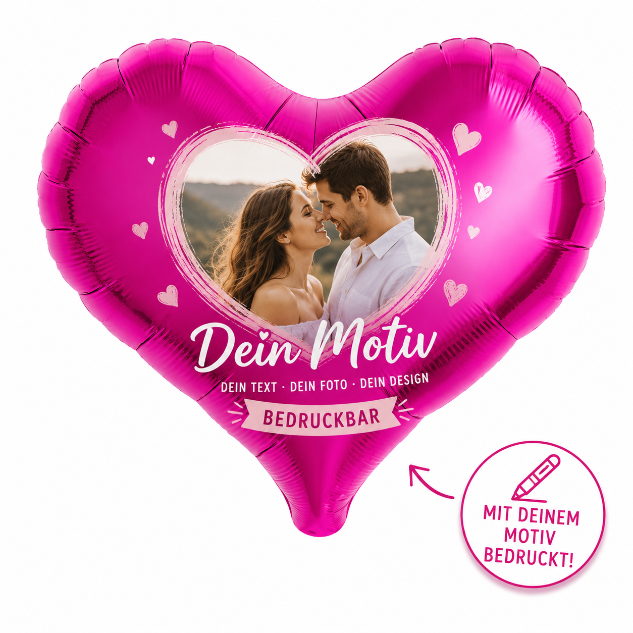 Metallic Magenta Herzballon mit individuellem Fotodruck und Wunschdesign auf weißem Hintergrund – personalisierbarer Folienballon für Fotos, Texte und Motive zu Hochzeit, Geburtstag oder Valentinstag.