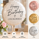 Personalisierter 18-Zoll-Heliumballon von Hübsches Ding mit Happy-Birthday-Wunschtext sowie Beispiele in Rosé, Gold und Silber mit individuellen Sprüchen.