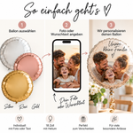 Anleitung von Hübsches Ding für einen personalisierten 18-Zoll-Heliumballon: Ballon auswählen, Familienfoto oder Wunschtext angeben und individuell gestalten lassen.