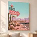 Hübsches Ding Leinwand Desert Roadtrip – Las-Vegas-Wegweiser in der Wüste als Leinwand mit weißer Kante im ruhigen Wohnraum