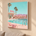 Hübsches Ding Leinwand Desert Roadtrip – Poolside-Retro-Motel mit Pool als Leinwand mit weißer Kante im ruhigen Wohnraum