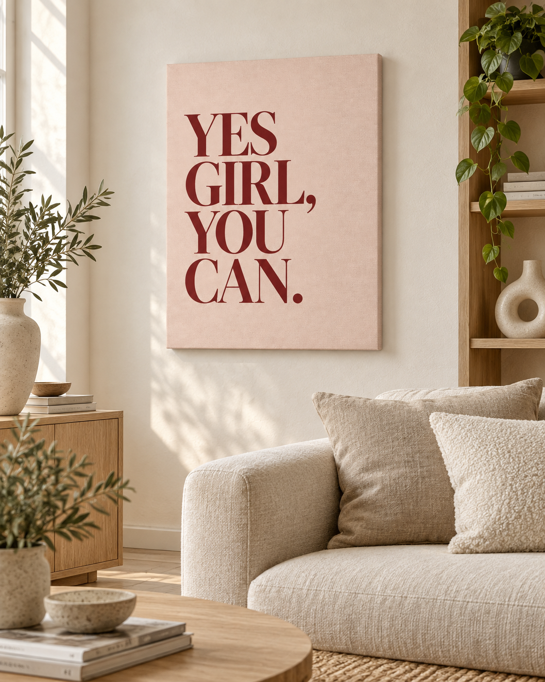 Hübsches Ding Leinwand mit positiver Affirmation „Yes Girl You Can“ in einem modernen skandinavischen Wohnzimmer