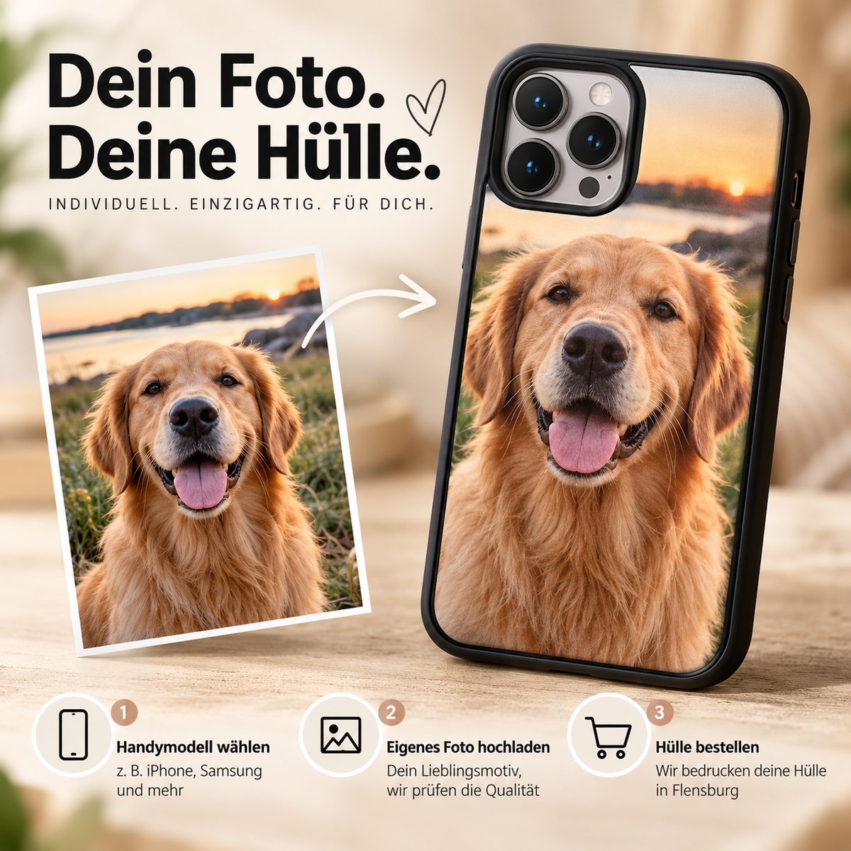Personalisierte schwarze iPhone-Hülle von Hübsches Ding mit eigenem Hundefoto. Handymodell wählen, Foto hochladen und die Rückseite individuell per UV-Druck bedrucken lassen.