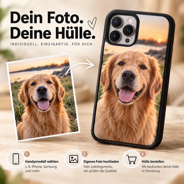 Personalisierte schwarze iPhone-Hülle von Hübsches Ding mit eigenem Hundefoto. Handymodell wählen, Foto hochladen und die Rückseite individuell per UV-Druck bedrucken lassen.