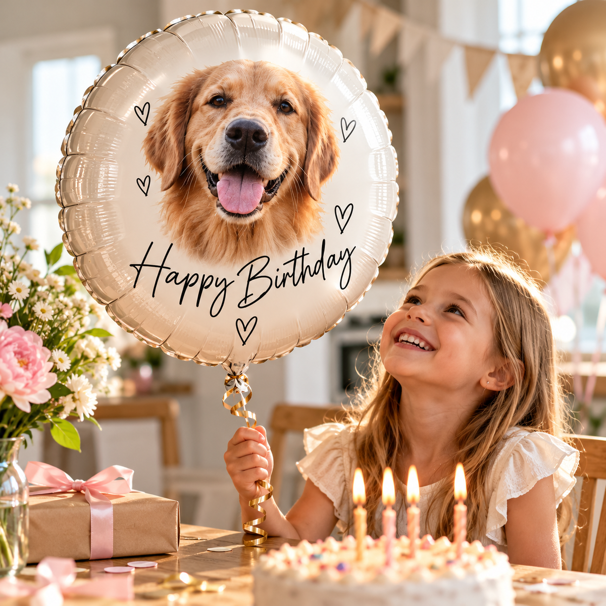 Mädchen hält einen personalisierten 18-Zoll-Heliumballon von Hübsches Ding mit Hundefoto und Happy-Birthday-Schriftzug auf einer Geburtstagsfeier.