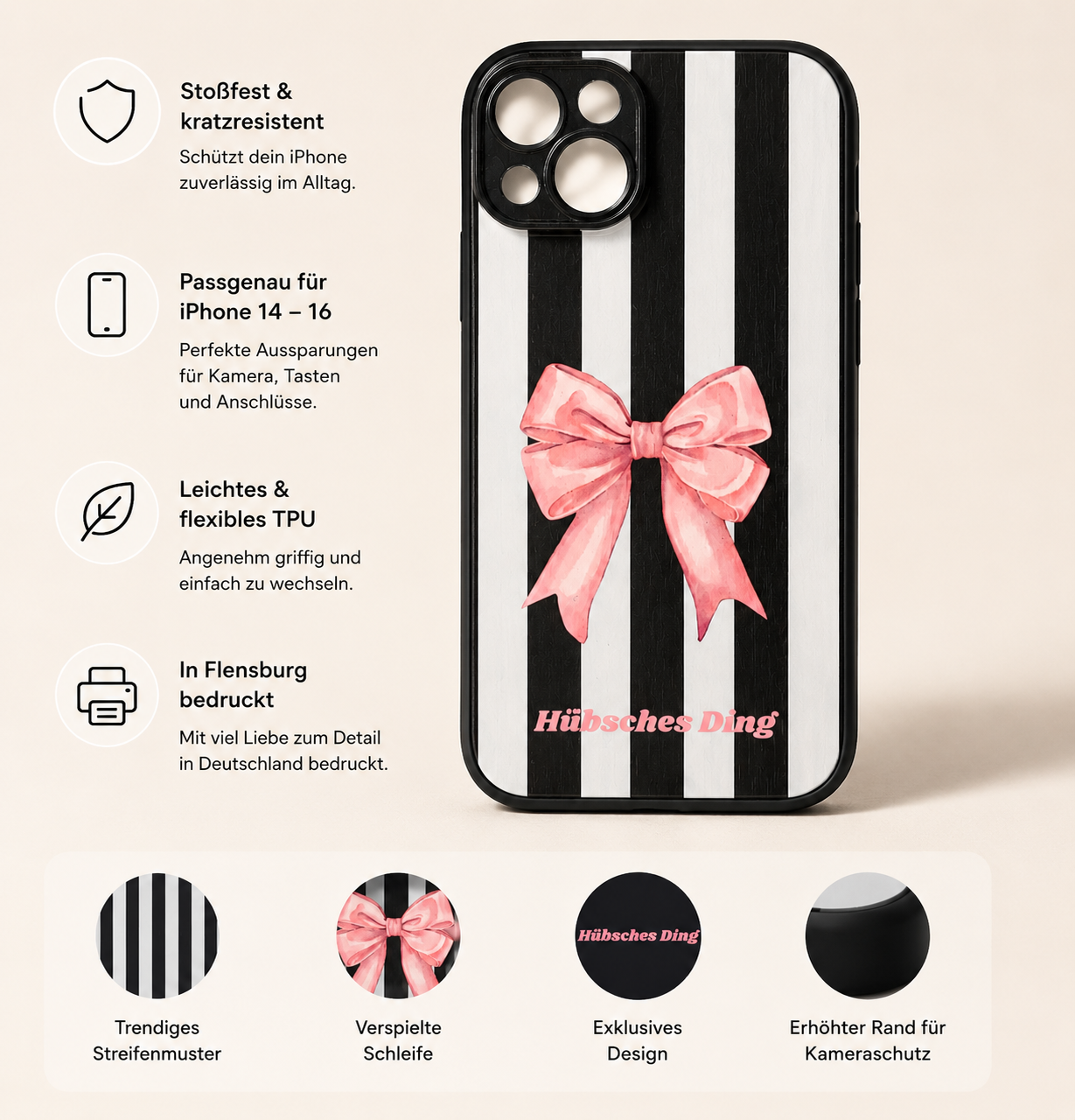 Moderne iPhone Handyhülle mit großer rosa Schleife und schwarz-weißem Streifenmuster. TPU Schutzhülle mit erhöhtem Kamerarand, flexiblem Material und trendigem Bow-Design für iPhone 14 bis iPhone 16. Exklusives Design von Hübsches Ding.