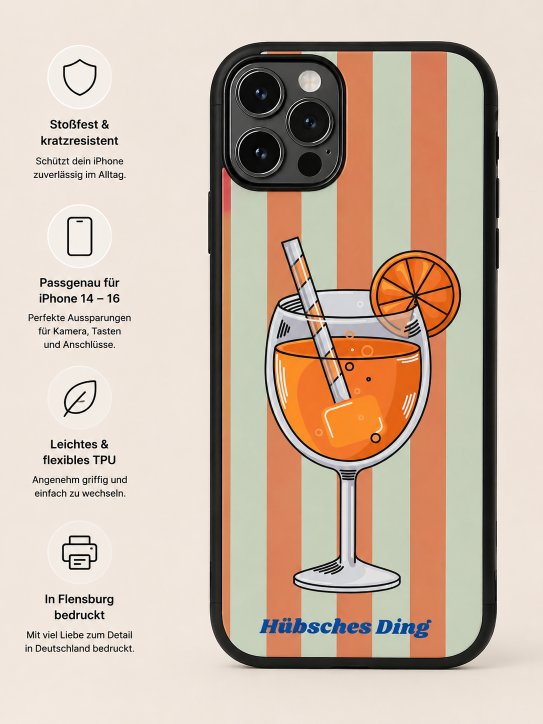 Sommerliche iPhone Handyhülle mit Spritz-Cocktail, Orangenscheibe und orange-salbeigrünem Streifenmuster. TPU Handyhülle mit erhöhtem Kameraschutz, schwarzem Rand und modernem Retro-Design für iPhone 14 bis iPhone 16. Exklusives Design von Hübsches Ding.