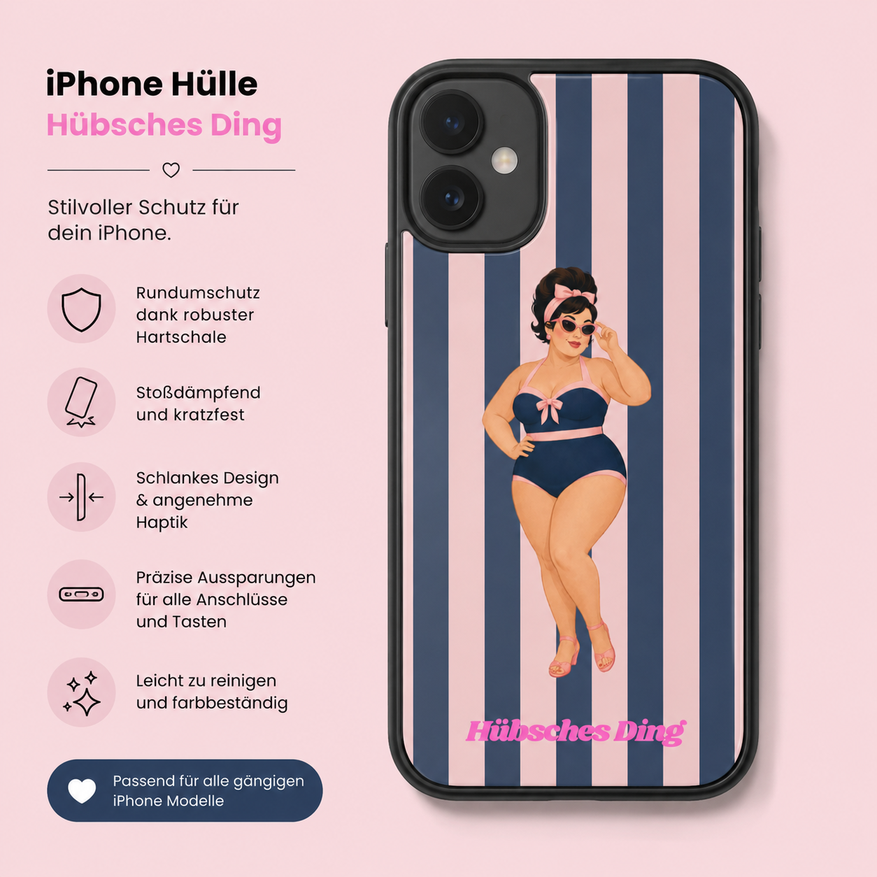 iPhone-Hülle mit schwarzem Rand und Retro-Pin-up-Motiv auf blau-rosa Streifenmuster im Vintage-Stil, robuste Schutzhülle für Apple iPhone mit stilvollem Design von Hübsches Ding.