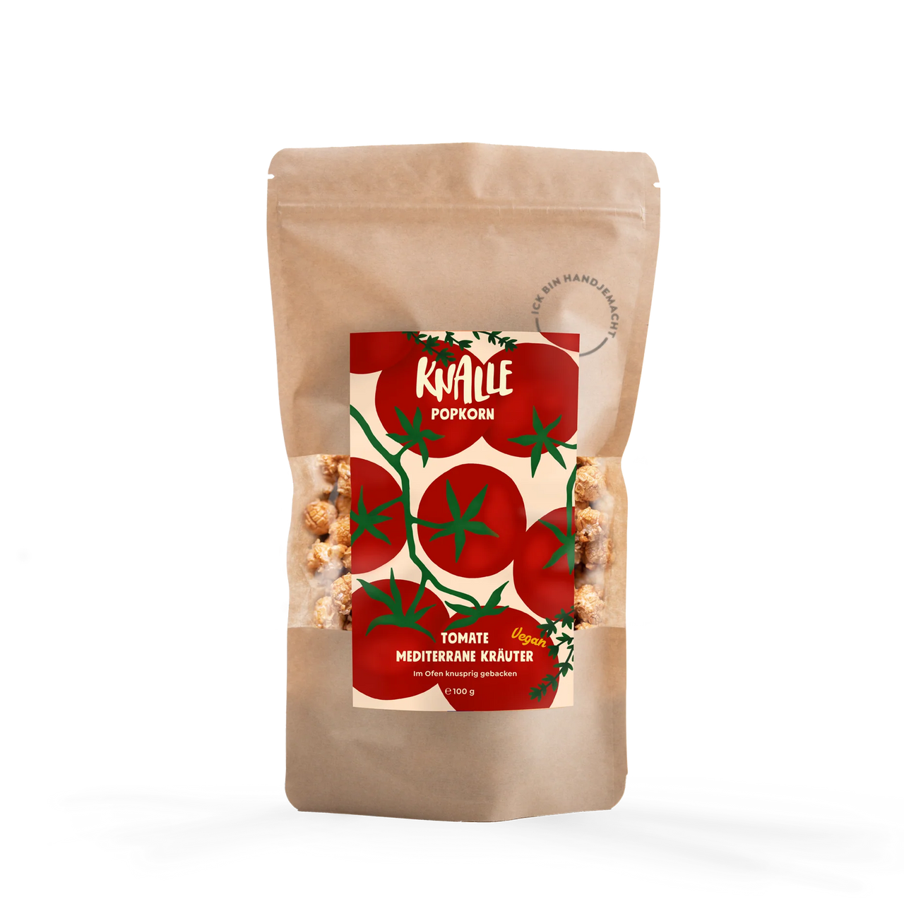 Knalle Popcorn Tomate Mediterrane Kräuter vegan im 100-g-Beutel.