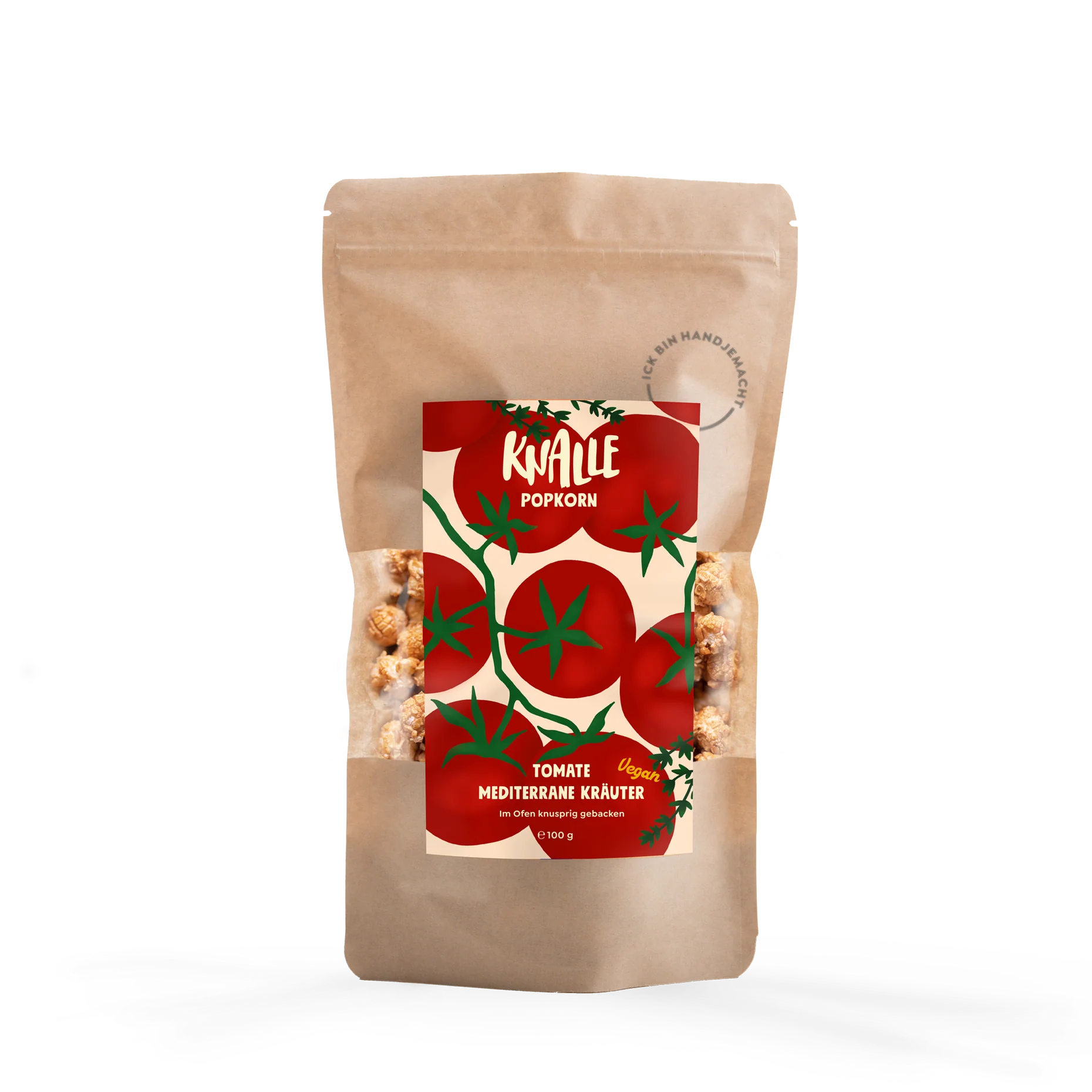 Knalle Popcorn Tomate Mediterrane Kräuter vegan im 100-g-Beutel.
