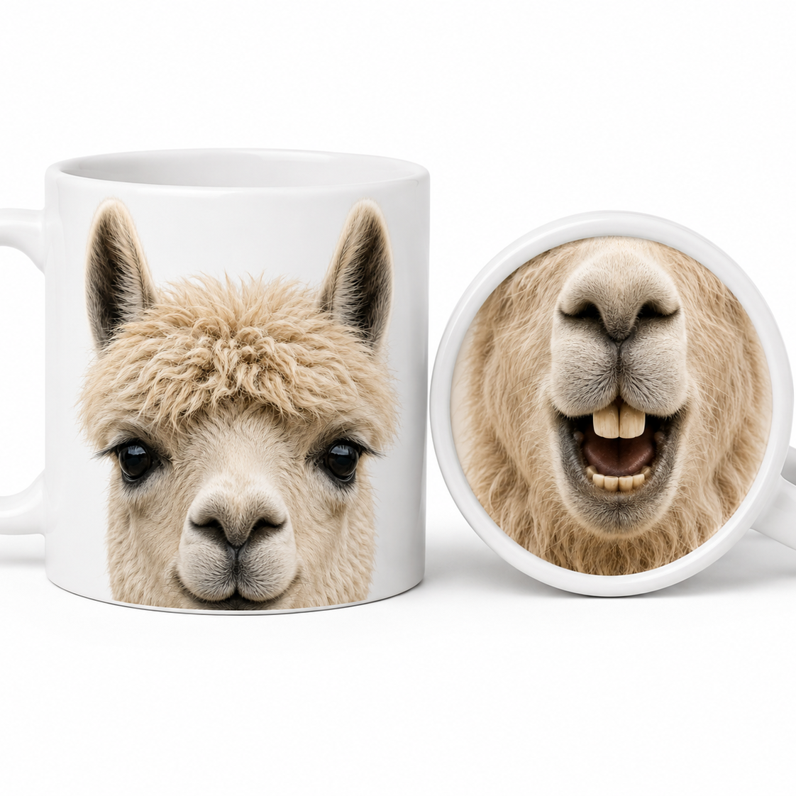 Lustige Lama-Tasse mit fotorealistischem Tiermotiv und Trinkeffekt.