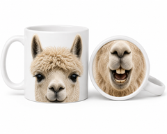 Lustige Lama-Tasse mit fotorealistischem Tiermotiv und Trinkeffekt.