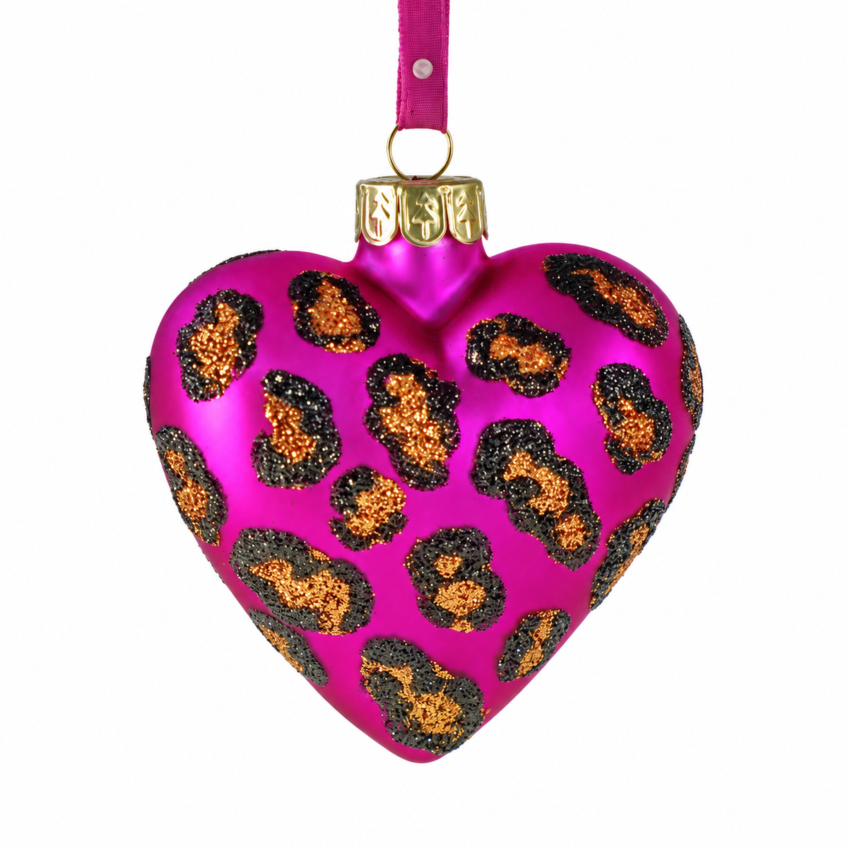 Magentafarbenes Glasherz Jungle Love mit schwarz-goldenem Leopardenmuster, 8 cm
