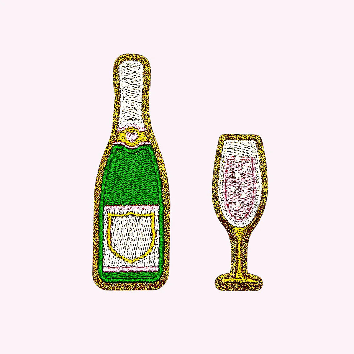 Mimi’s Glow Patch Set mit Sektflasche und Sektglas, bestickte Glitzer-Aufnäher für Taschen, Kosmetiktaschen, Jacken und personalisierte Geschenkideen.